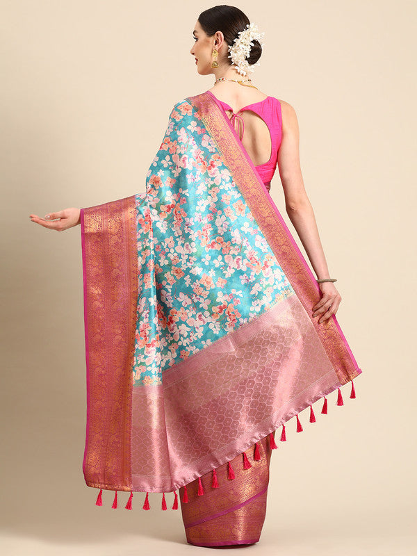 Turquoise Pure Silk Digital Print Floral Saree with Unstitched Blouse - Hiral Fashion | Grocsy