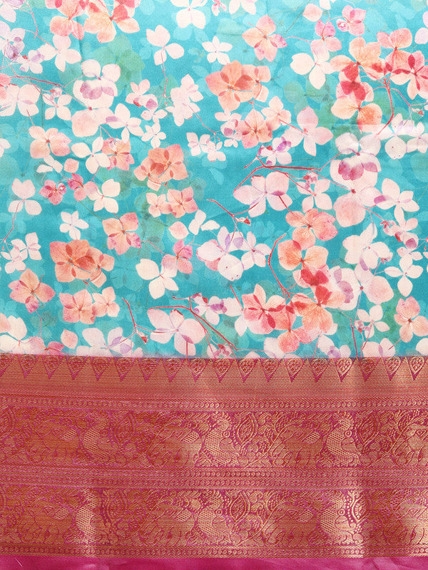 Turquoise Pure Silk Digital Print Floral Saree with Unstitched Blouse - Hiral Fashion | Grocsy
