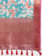 Turquoise Pure Silk Digital Print Floral Saree with Unstitched Blouse - Hiral Fashion | Grocsy