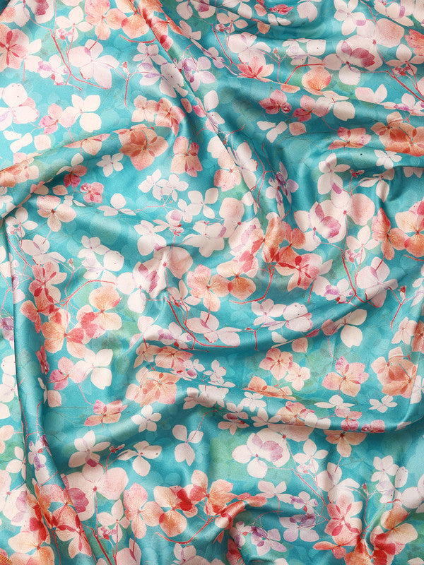 Turquoise Pure Silk Digital Print Floral Saree with Unstitched Blouse - Hiral Fashion | Grocsy
