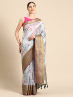 Gray Pure Silk Digital Print Floral Saree with Unstitched Blouse - Hiral Fashion | Grocsy