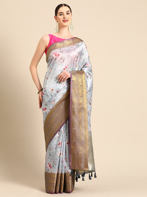 Gray Pure Silk Digital Print Floral Saree with Unstitched Blouse - Hiral Fashion | Grocsy