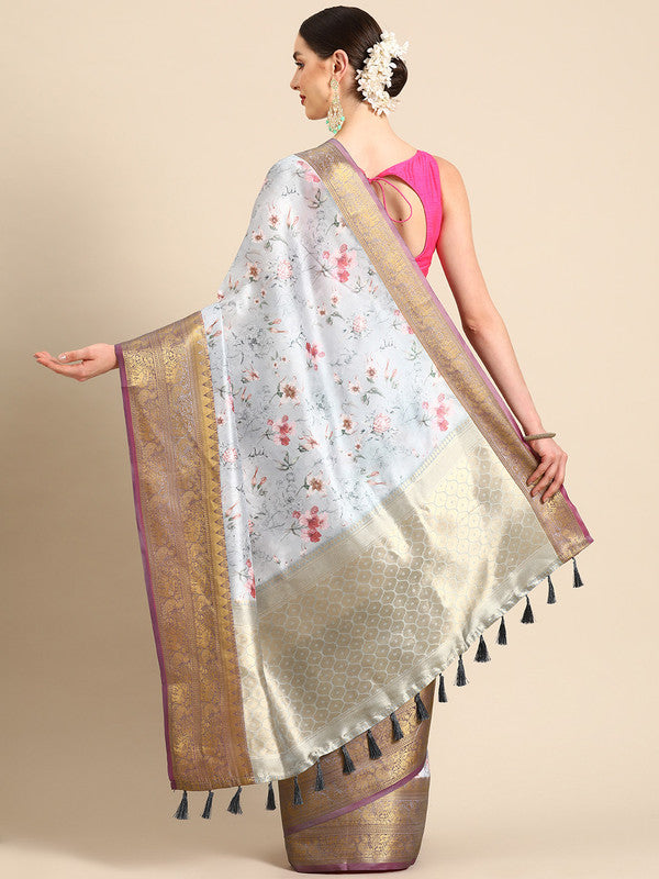 Gray Pure Silk Digital Print Floral Saree with Unstitched Blouse - Hiral Fashion | Grocsy