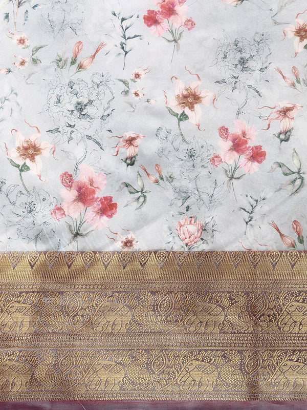 Gray Pure Silk Digital Print Floral Saree with Unstitched Blouse - Hiral Fashion | Grocsy