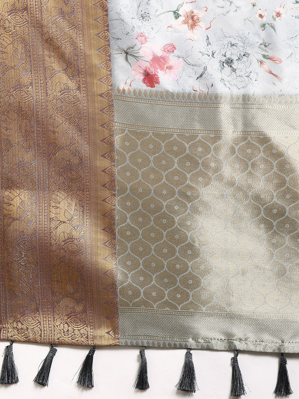 Gray Pure Silk Digital Print Floral Saree with Unstitched Blouse - Hiral Fashion | Grocsy
