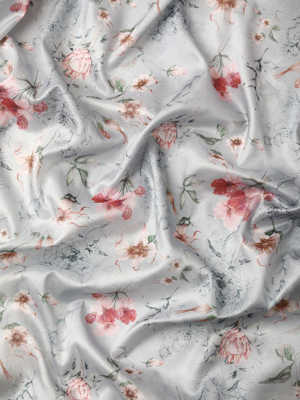 Gray Pure Silk Digital Print Floral Saree with Unstitched Blouse - Hiral Fashion | Grocsy