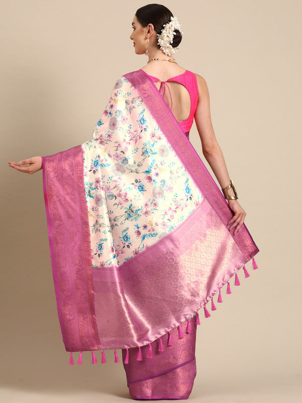 Off White Pure Silk Digital Print Floral Saree with Unstitched Blouse - Hiral Fashion | Grocsy