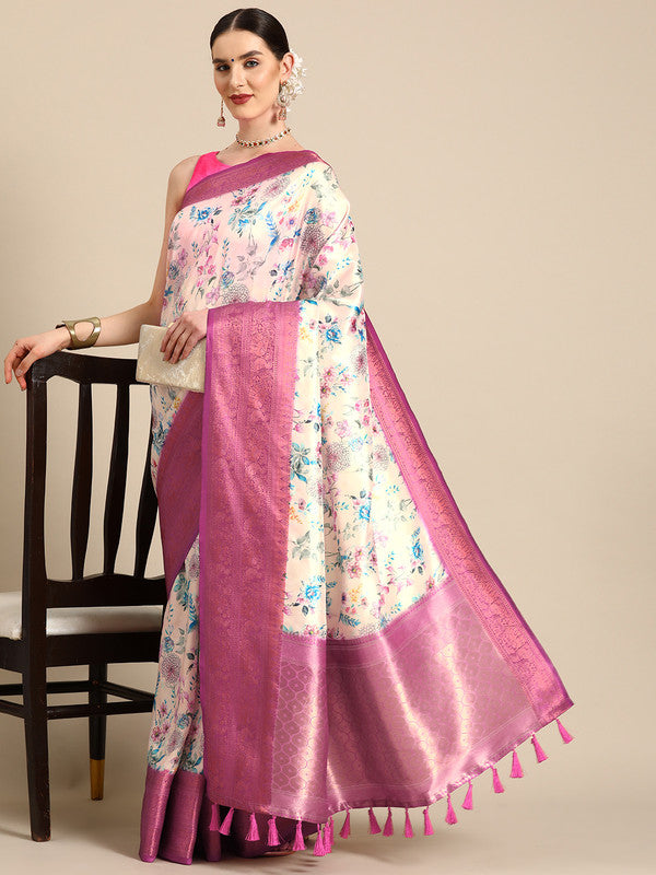 Off White Pure Silk Digital Print Floral Saree with Unstitched Blouse - Hiral Fashion | Grocsy