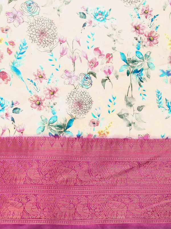 Off White Pure Silk Digital Print Floral Saree with Unstitched Blouse - Hiral Fashion | Grocsy