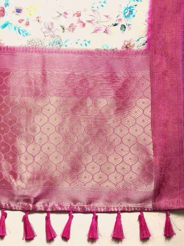 Off White Pure Silk Digital Print Floral Saree with Unstitched Blouse - Hiral Fashion | Grocsy