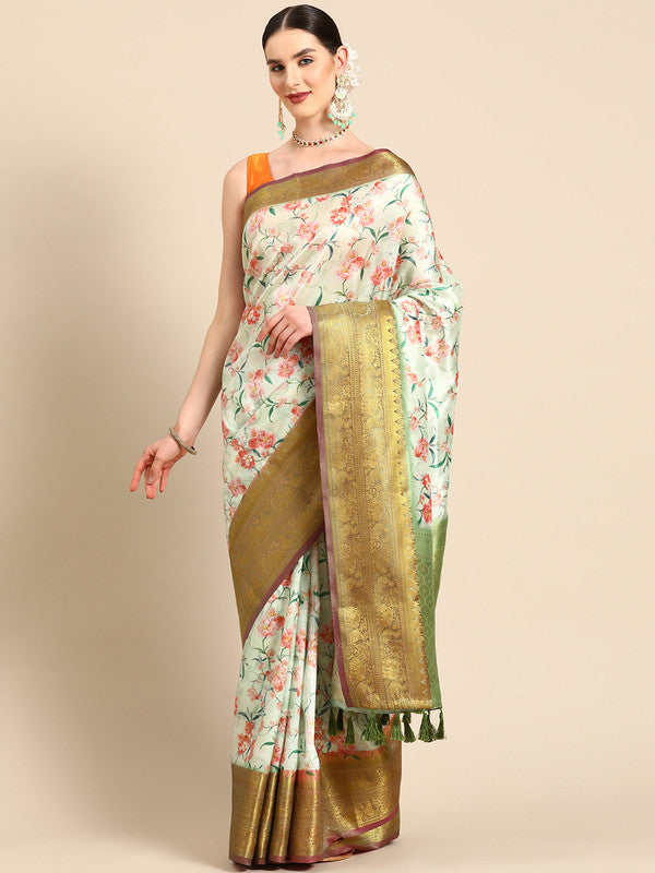 Green Pure Silk Digital Print Floral Saree with Unstitched Blouse - Hiral Fashion | Grocsy