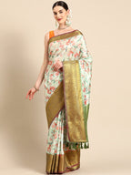 Green Pure Silk Digital Print Floral Saree with Unstitched Blouse - Hiral Fashion | Grocsy
