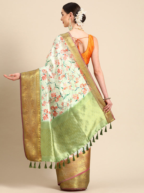 Green Pure Silk Digital Print Floral Saree with Unstitched Blouse - Hiral Fashion | Grocsy