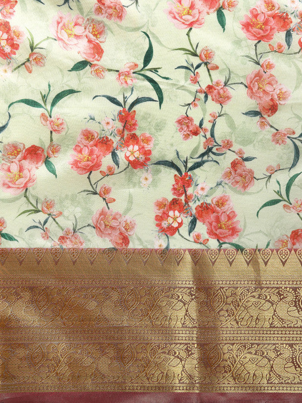 Green Pure Silk Digital Print Floral Saree with Unstitched Blouse - Hiral Fashion | Grocsy