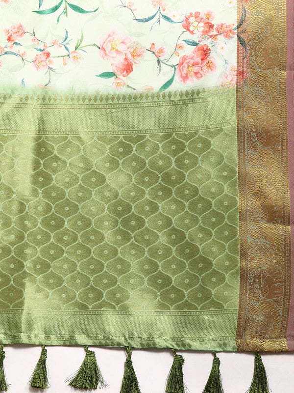 Green Pure Silk Digital Print Floral Saree with Unstitched Blouse - Hiral Fashion | Grocsy