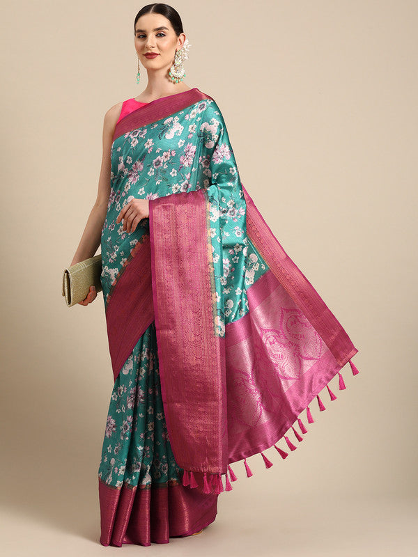Turquoise Pure Silk Digital Print Floral Saree with Unstitched Blouse - Hiral Fashion | Grocsy