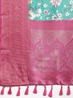 Turquoise Pure Silk Digital Print Floral Saree with Unstitched Blouse - Hiral Fashion | Grocsy