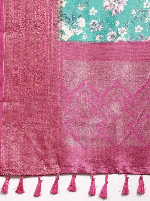 Turquoise Pure Silk Digital Print Floral Saree with Unstitched Blouse - Hiral Fashion | Grocsy