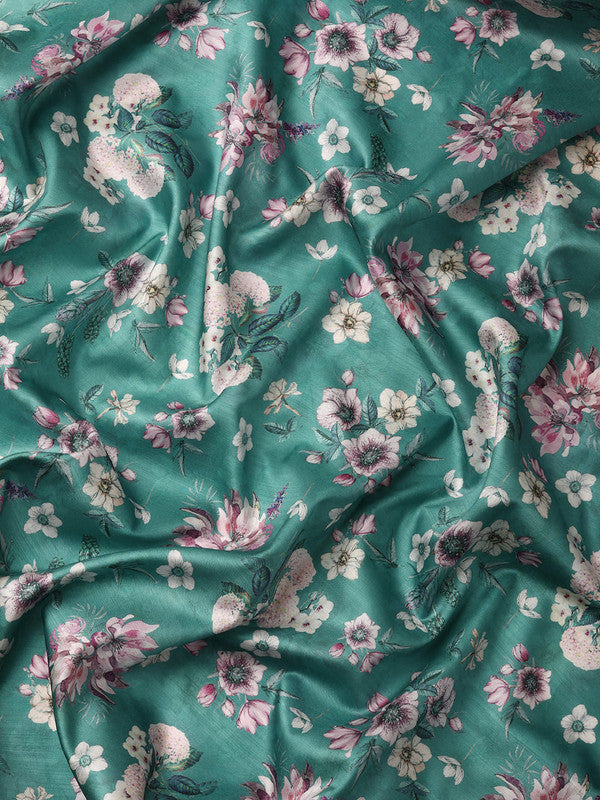 Turquoise Pure Silk Digital Print Floral Saree with Unstitched Blouse - Hiral Fashion | Grocsy
