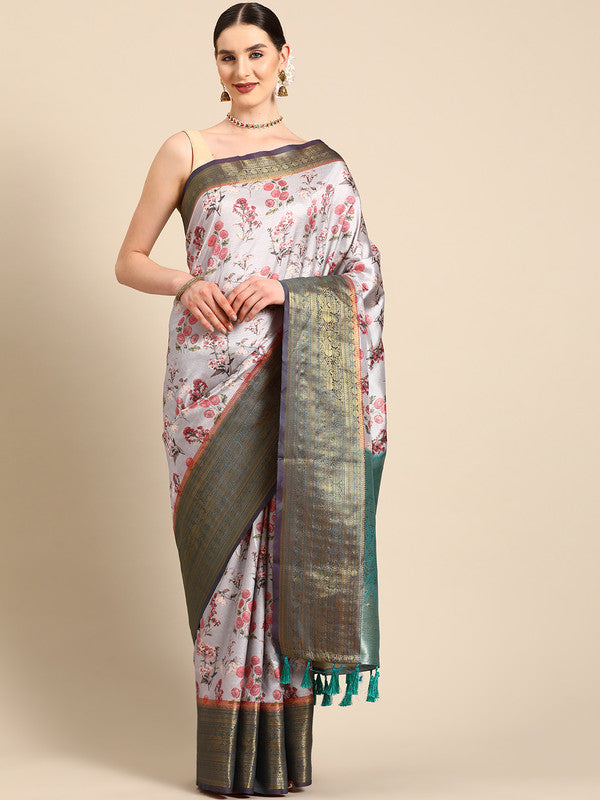 Gray Pure Silk Digital Print Floral Saree with Unstitched Blouse - Hiral Fashion | Grocsy