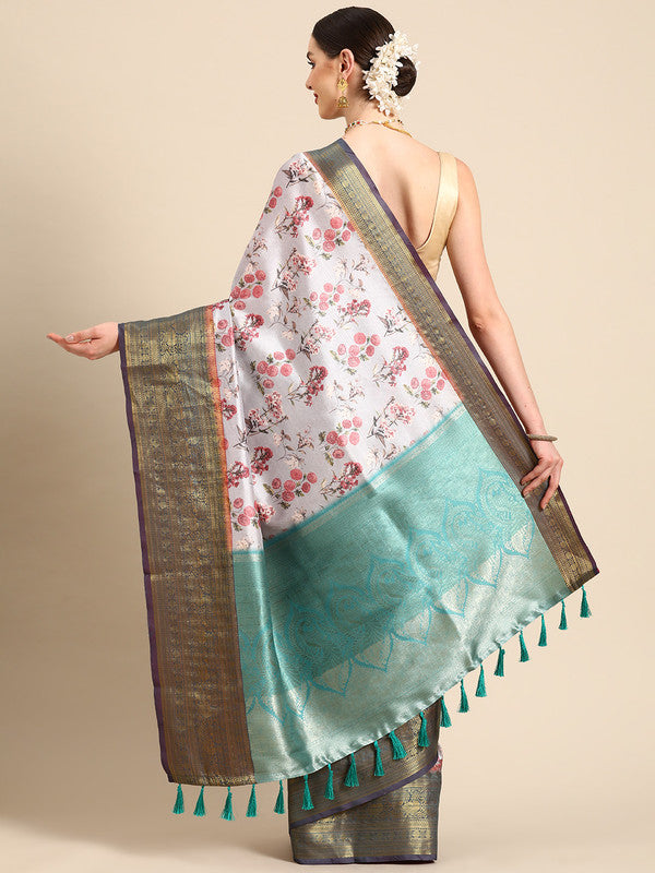 Gray Pure Silk Digital Print Floral Saree with Unstitched Blouse - Hiral Fashion | Grocsy