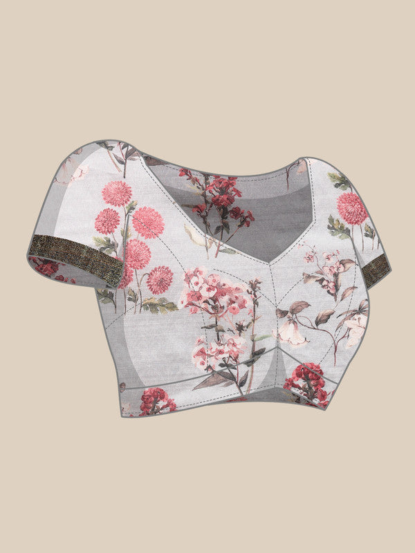Gray Pure Silk Digital Print Floral Saree with Unstitched Blouse - Hiral Fashion | Grocsy