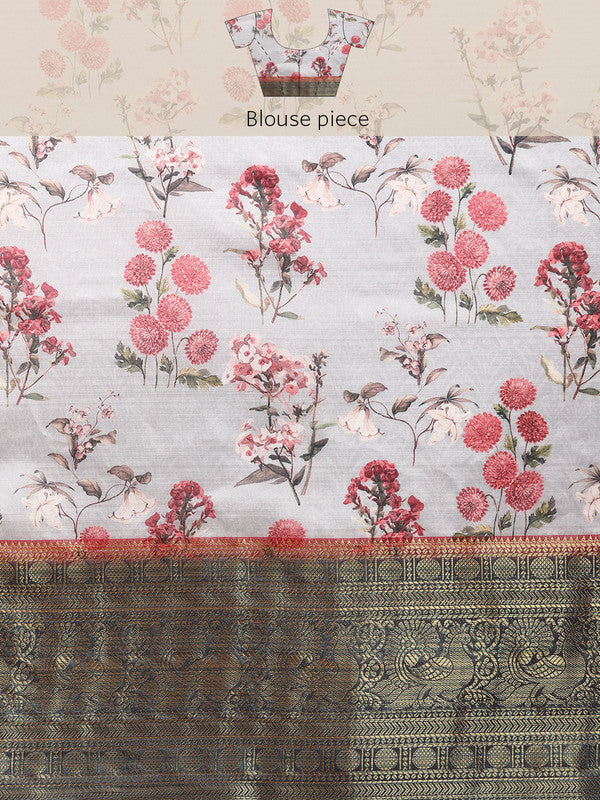 Gray Pure Silk Digital Print Floral Saree with Unstitched Blouse - Hiral Fashion | Grocsy
