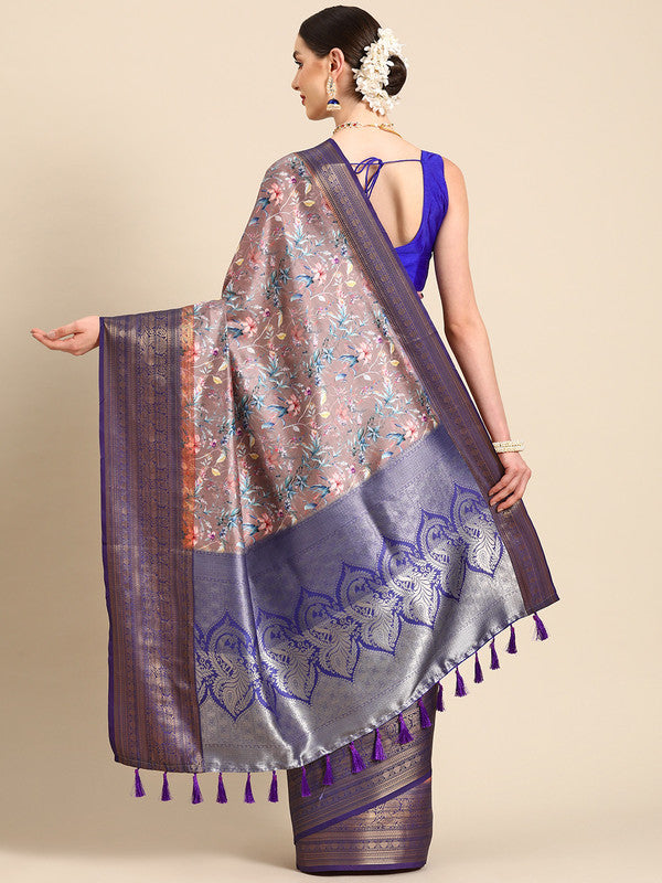 Brown Pure Silk Digital Print Floral Saree with Unstitched Blouse - Hiral Fashion | Grocsy