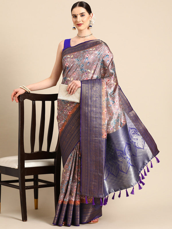 Brown Pure Silk Digital Print Floral Saree with Unstitched Blouse - Hiral Fashion | Grocsy