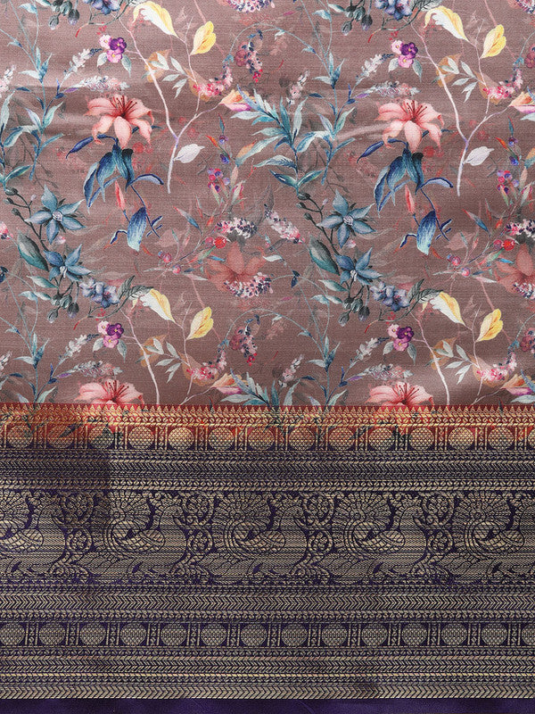 Brown Pure Silk Digital Print Floral Saree with Unstitched Blouse - Hiral Fashion | Grocsy