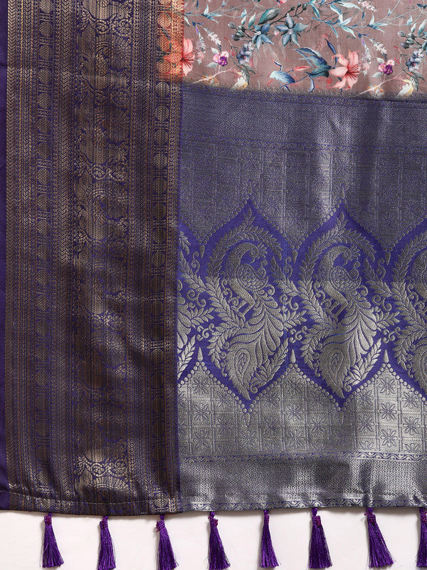 Brown Pure Silk Digital Print Floral Saree with Unstitched Blouse - Hiral Fashion | Grocsy