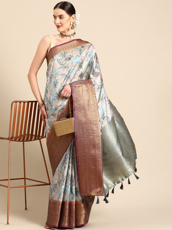 Multicolor Pure Silk Digital Print Floral Saree with Unstitched Blouse - Hiral Fashion | Grocsy