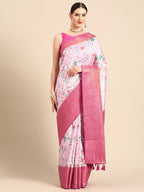 Pink Pure Silk Digital Print Floral Saree with Unstitched Blouse - Hiral Fashion | Grocsy