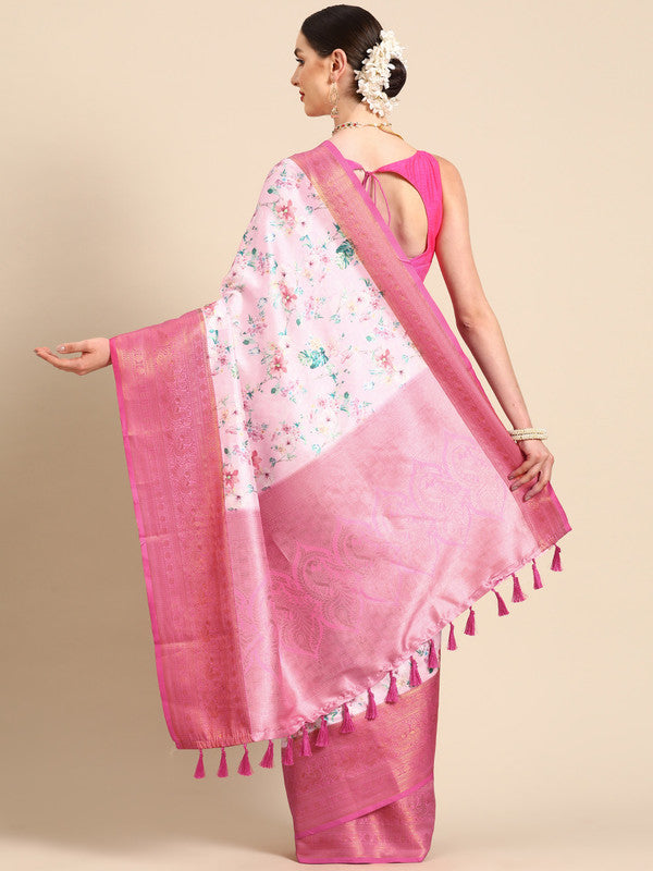 Pink Pure Silk Digital Print Floral Saree with Unstitched Blouse - Hiral Fashion | Grocsy