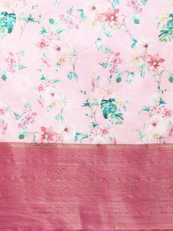 Pink Pure Silk Digital Print Floral Saree with Unstitched Blouse - Hiral Fashion | Grocsy
