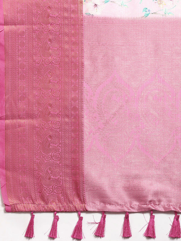 Pink Pure Silk Digital Print Floral Saree with Unstitched Blouse - Hiral Fashion | Grocsy