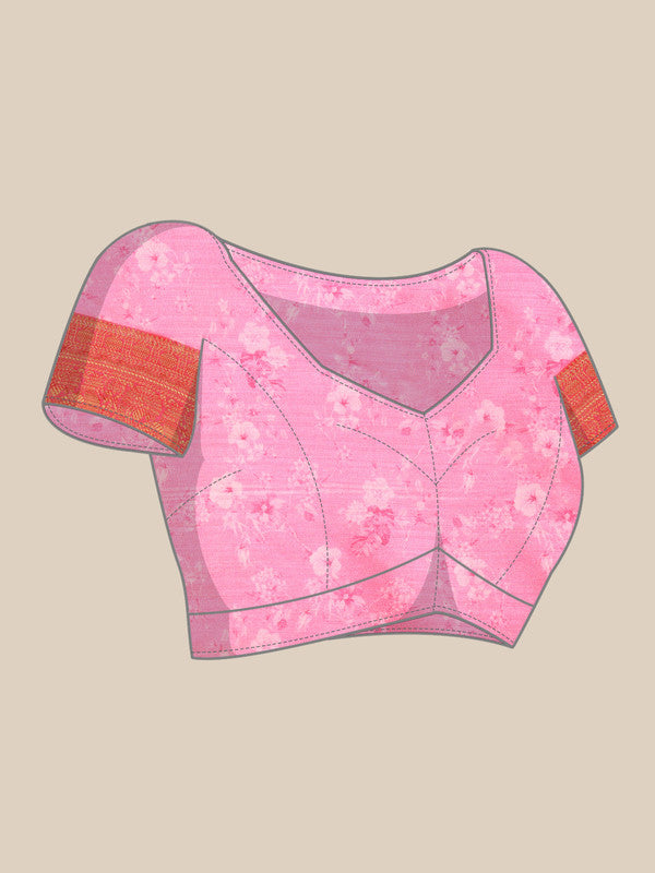 Pink Pure Silk Digital Print Floral Saree with Unstitched Blouse - Hiral Fashion | Grocsy