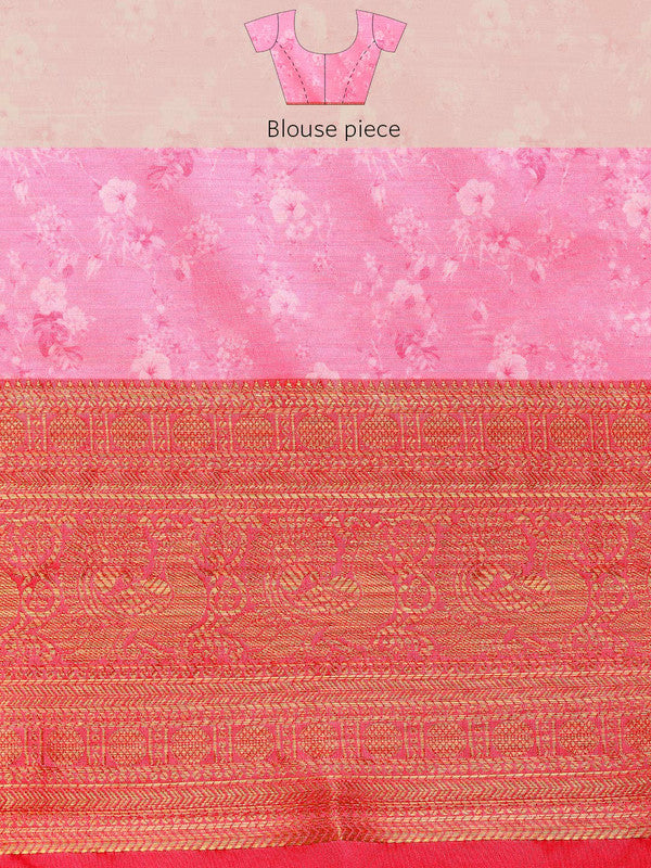Pink Pure Silk Digital Print Floral Saree with Unstitched Blouse - Hiral Fashion | Grocsy