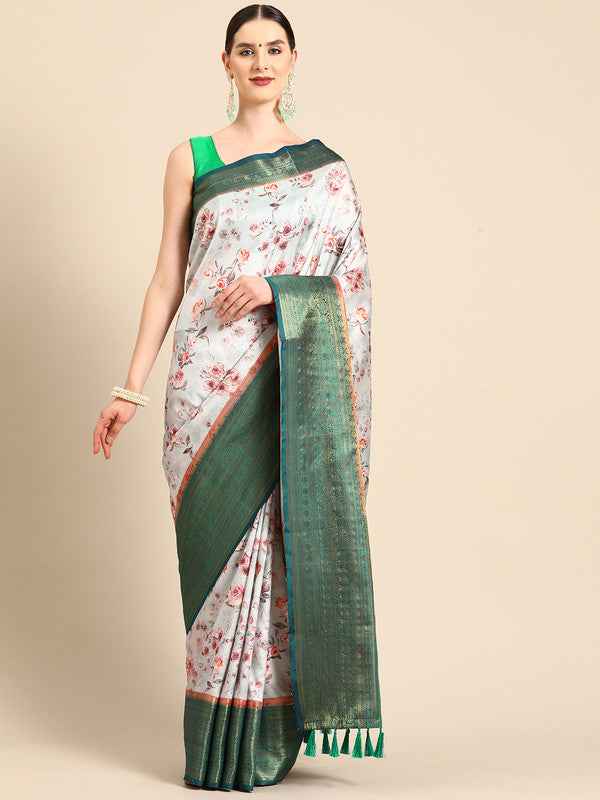 Gray Pure Silk Digital Print Floral Saree with Unstitched Blouse - Hiral Fashion | Grocsy