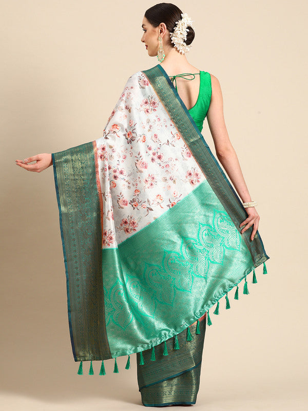 Gray Pure Silk Digital Print Floral Saree with Unstitched Blouse - Hiral Fashion | Grocsy