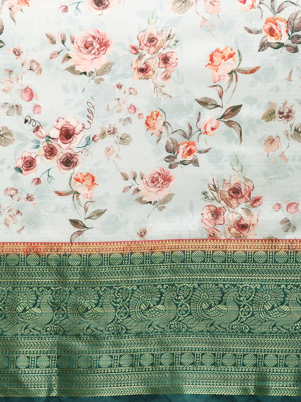 Gray Pure Silk Digital Print Floral Saree with Unstitched Blouse - Hiral Fashion | Grocsy
