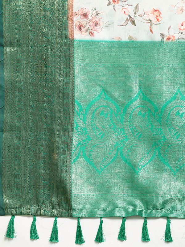 Gray Pure Silk Digital Print Floral Saree with Unstitched Blouse - Hiral Fashion | Grocsy