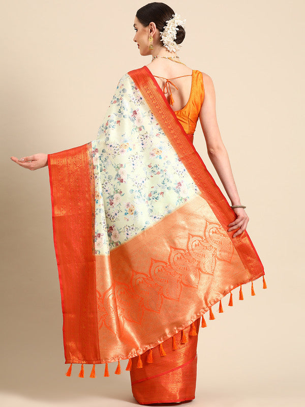 Green Pure Silk Digital Print Floral Saree with Unstitched Blouse - Hiral Fashion | Grocsy