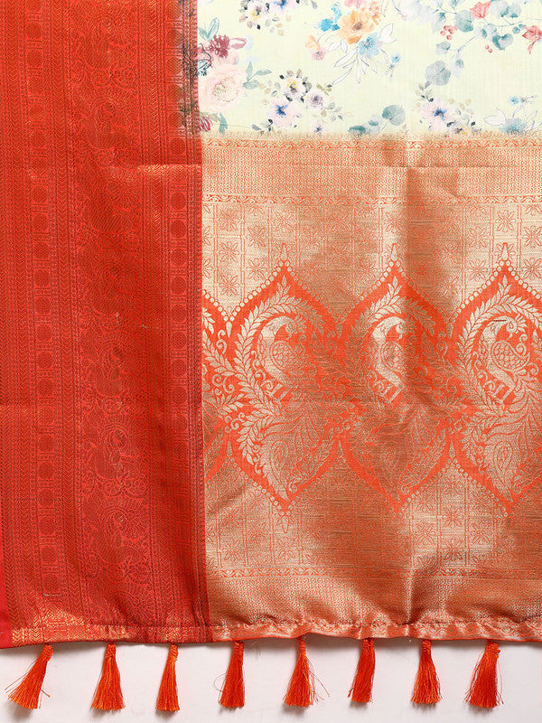 Green Pure Silk Digital Print Floral Saree with Unstitched Blouse - Hiral Fashion | Grocsy