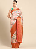 Peach Pure Silk Digital Print Floral Saree with Unstitched Blouse - Hiral Fashion | Grocsy