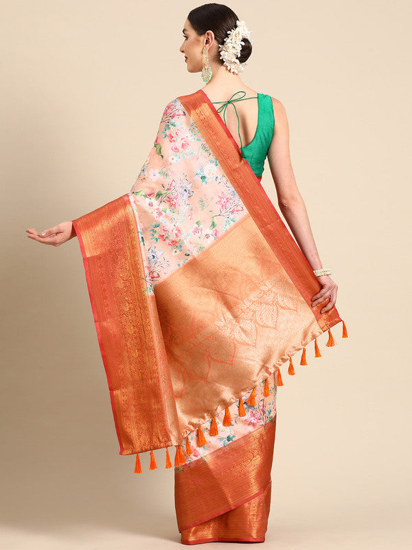 Peach Pure Silk Digital Print Floral Saree with Unstitched Blouse - Hiral Fashion | Grocsy