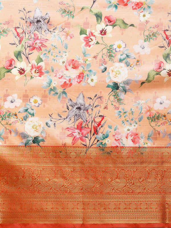 Peach Pure Silk Digital Print Floral Saree with Unstitched Blouse - Hiral Fashion | Grocsy