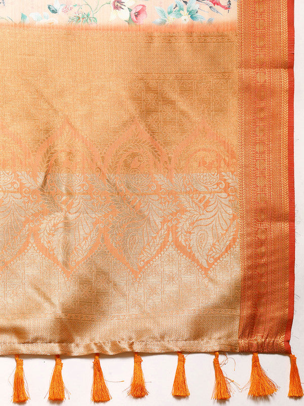Peach Pure Silk Digital Print Floral Saree with Unstitched Blouse - Hiral Fashion | Grocsy