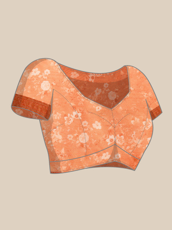 Peach Pure Silk Digital Print Floral Saree with Unstitched Blouse - Hiral Fashion | Grocsy