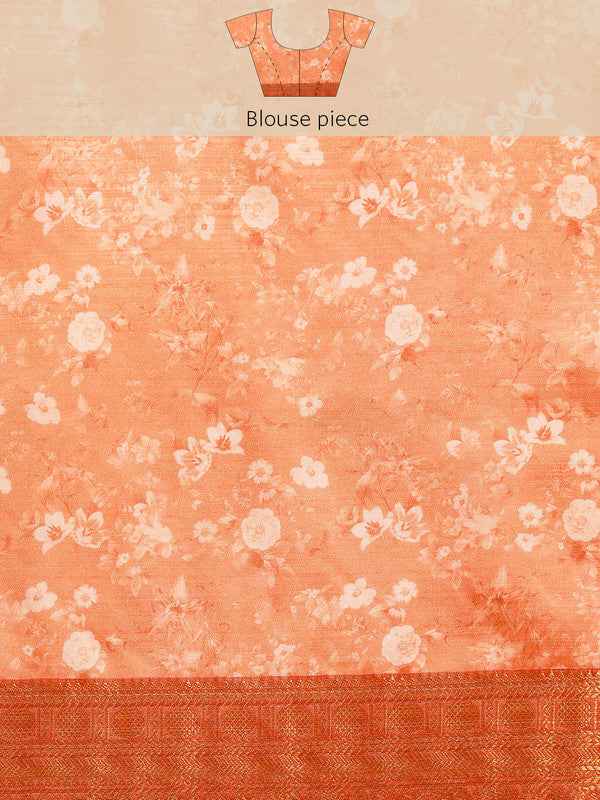Peach Pure Silk Digital Print Floral Saree with Unstitched Blouse - Hiral Fashion | Grocsy